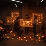 Centro de innovación tecnológica Startuplab.01 en Chile con emprendedores colaborando en ambiente futurista de startups e innovación.