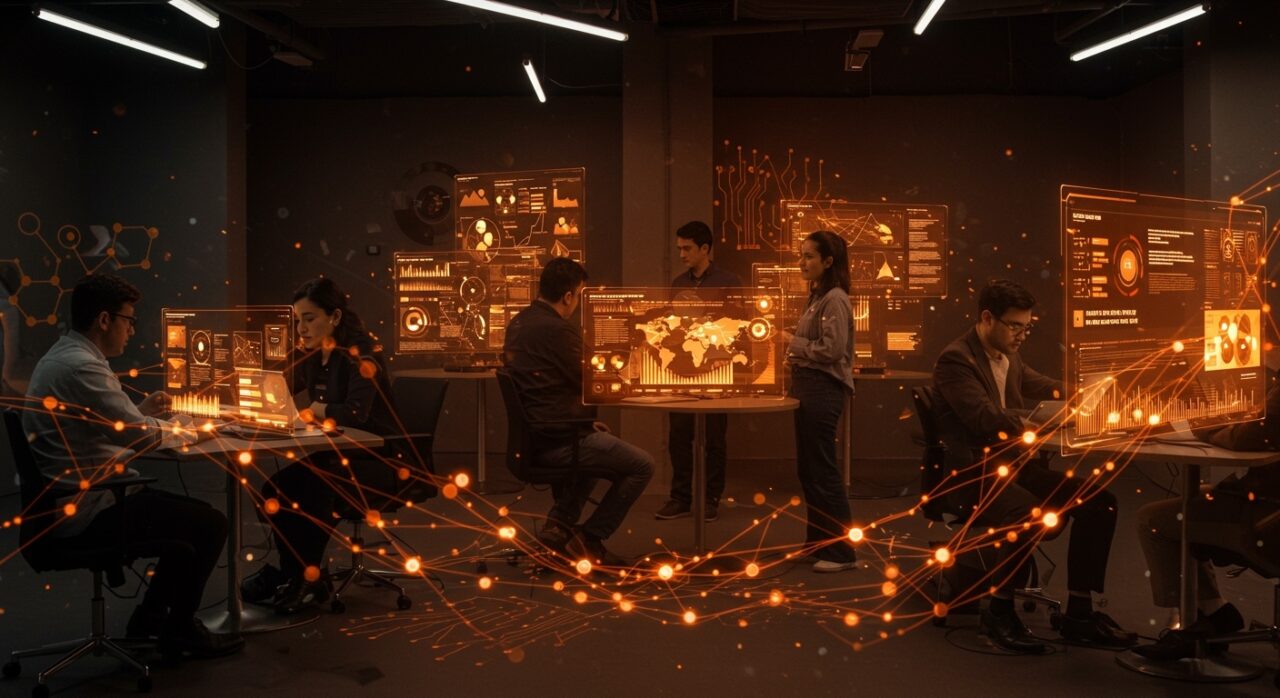 Centro de innovación tecnológica Startuplab.01 en Chile con emprendedores colaborando en ambiente futurista de startups e innovación.