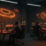 Startup climatech españolas colaborando en un entorno futurista con visualizaciones de economía circular y descarbonización para la transición sostenible.