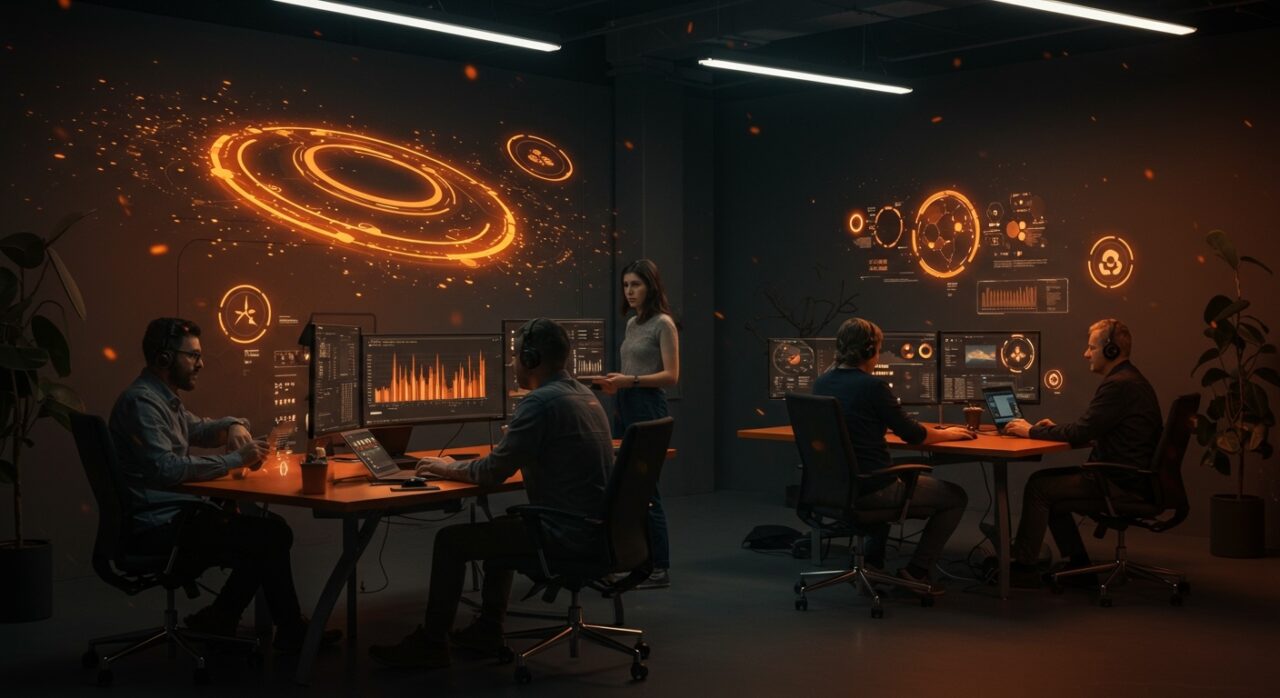 Startup climatech españolas colaborando en un entorno futurista con visualizaciones de economía circular y descarbonización para la transición sostenible.