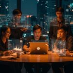 Fundadores de la Generación Z colaborando en el ecosistema startup tecnológico de Vietnam con metáforas visuales de crecimiento y tendencias tech.