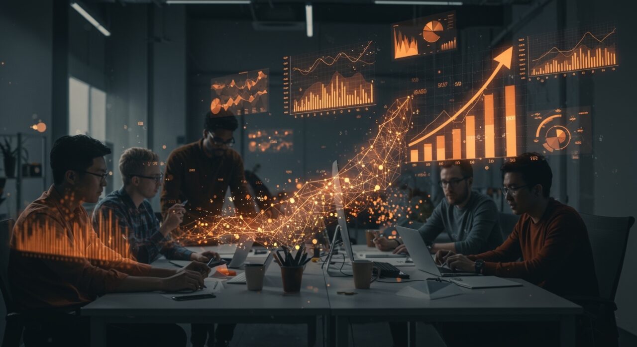 Startups de inteligencia artificial en Estados Unidos colaborando en un entorno tecnológico moderno con visualizaciones de datos que representan financiación y tendencias de IA en 2025.