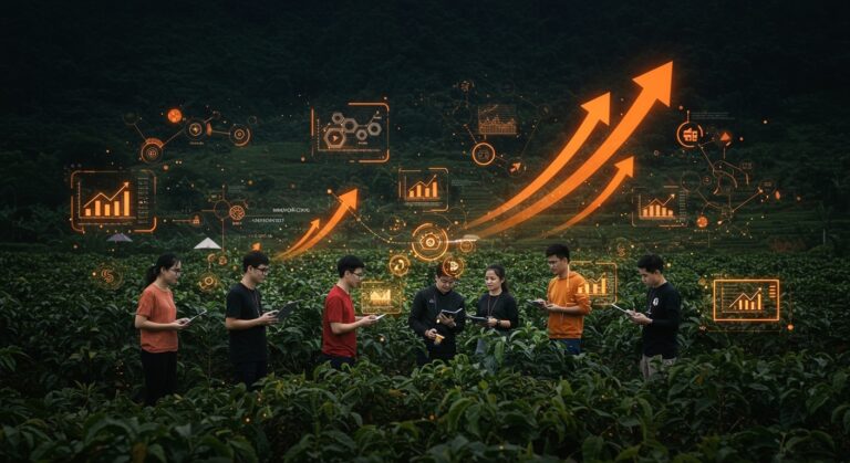 Equipo de startups en un agroturismo tecnológico en Lam Dong, Vietnam, impulsando innovación y modelos de negocio para founders LATAM.