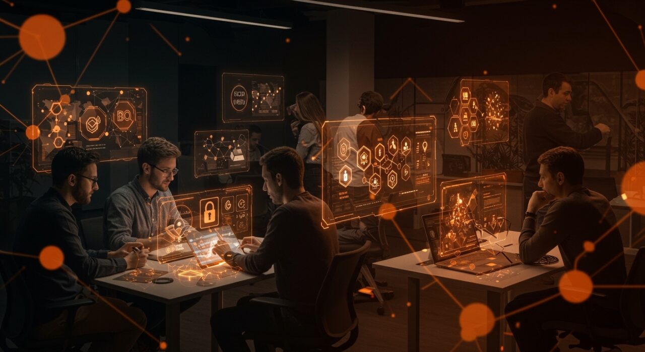 Startups innovadoras de Málaga colaborando en un espacio de incubación con elementos visuales de ciberseguridad, educación y biotecnología enfocados en oportunidades de funding.