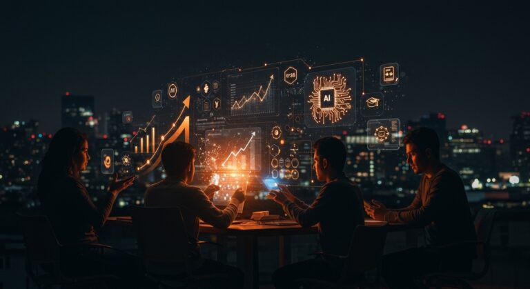 Grupo de emprendedores mexicanos colaborando alrededor de una interfaz digital futurista que representa las tendencias clave de startups en México en 2026 como fintech, inteligencia artificial, educación digital y salud digital.