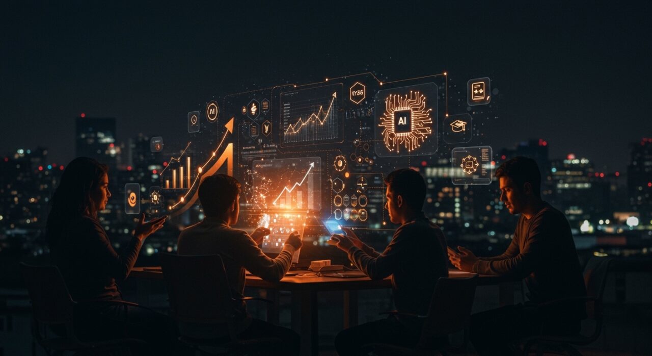 Grupo de emprendedores mexicanos colaborando alrededor de una interfaz digital futurista que representa las tendencias clave de startups en México en 2026 como fintech, inteligencia artificial, educación digital y salud digital.