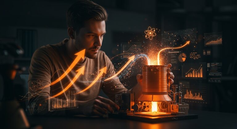 Startup nuclear innovadora con reactor pequeño en entorno tecnológico futurista, simbolizando innovación y oportunidades en la industria nuclear.