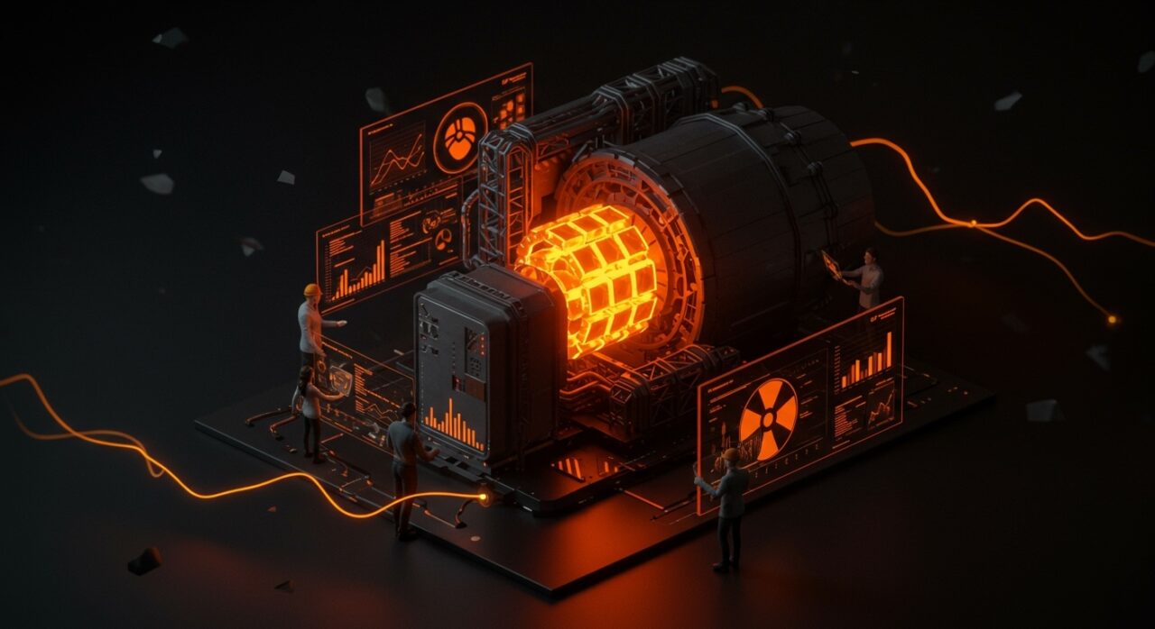 Startups nucleares con reactores modulares pequeños representando innovación y retos tecnológicos en energía limpia.