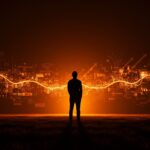 Fundador de startup frente a un horizonte digital que simboliza propiedad tecnológica abierta, inteligencia artificial ética y robótica innovadora.