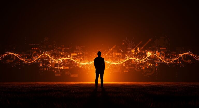 Fundador de startup frente a un horizonte digital que simboliza propiedad tecnológica abierta, inteligencia artificial ética y robótica innovadora.