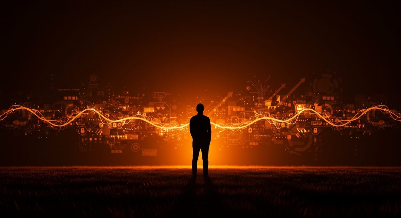 Fundador de startup frente a un horizonte digital que simboliza propiedad tecnológica abierta, inteligencia artificial ética y robótica innovadora.