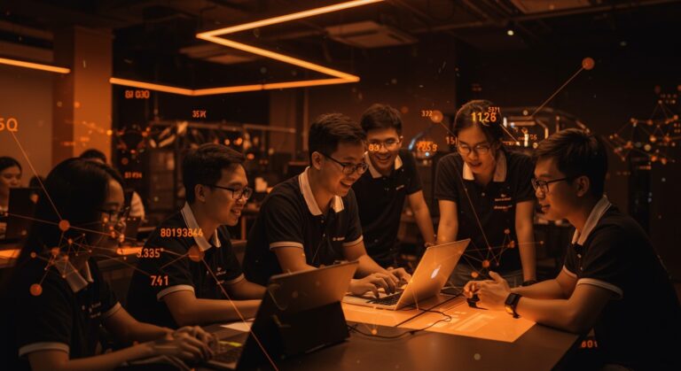 Startups universitarias vietnamitas recibiendo funding e incubación en un entorno tecnológico innovador.