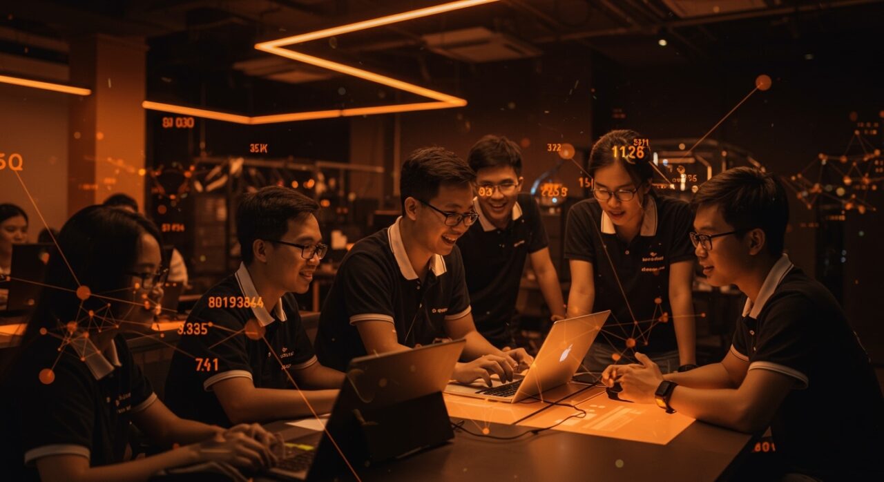 Startups universitarias vietnamitas recibiendo funding e incubación en un entorno tecnológico innovador.