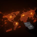 Mapa interactivo de empresas de vigilancia mostrando conexiones y financiamiento en tecnología de privacidad, clave para founders tech.