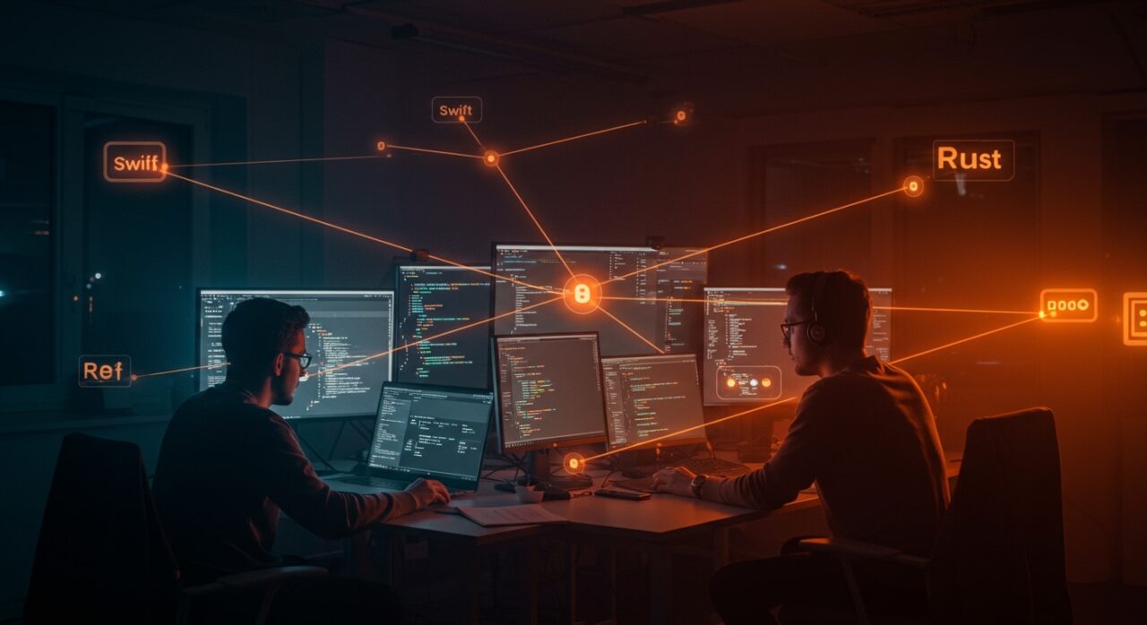 Desarrolladores trabajando en código Swift y Rust para desarrollo cross-platform en startups tecnológicas.
