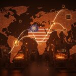 Inversión de Taiwán en manufactura de semiconductores en EE.UU. representada con planta futurista, circuitos luminosos y conexión energética entre ambos países.