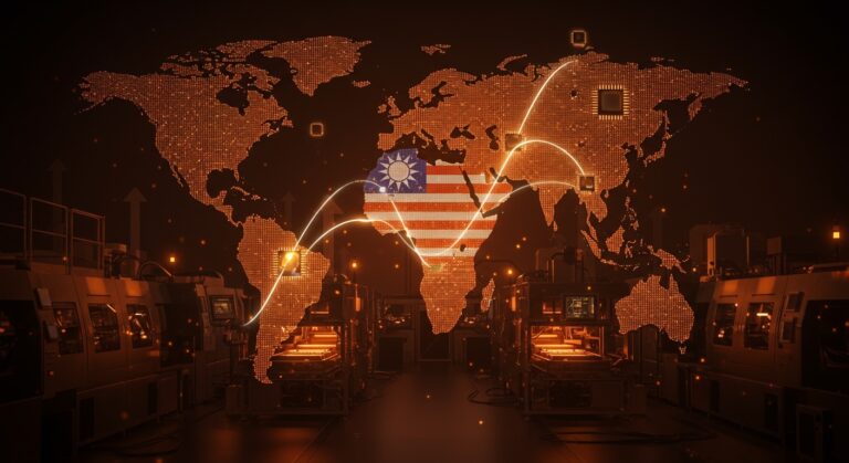 Inversión de Taiwán en manufactura de semiconductores en EE.UU. representada con planta futurista, circuitos luminosos y conexión energética entre ambos países.