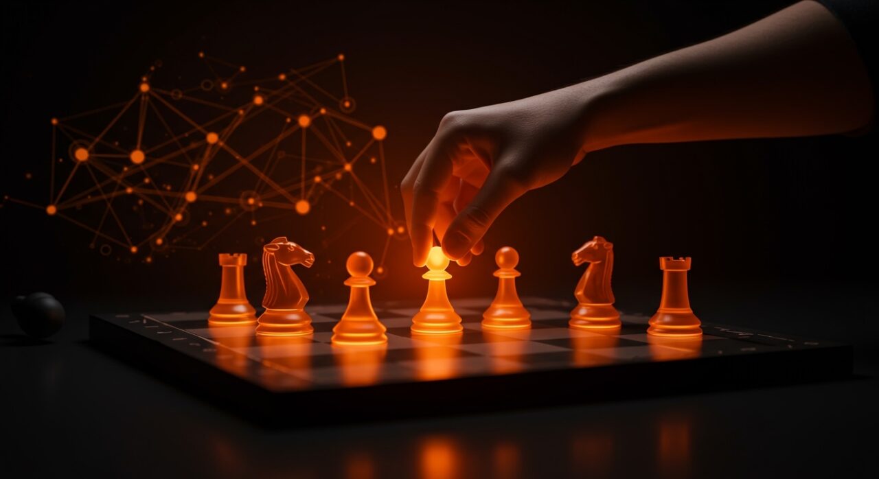 Estrategia de búsqueda de empleo tech con apuestas dirigidas, mostrando un profesional colocando piezas de ajedrez en un tablero tecnológico con conexiones de red brillantes.