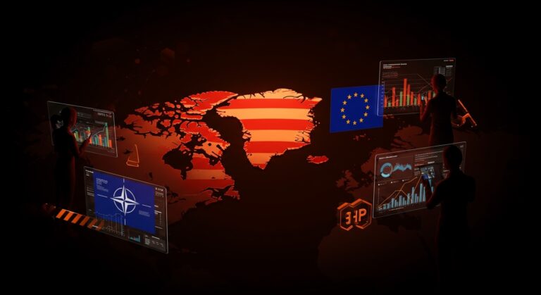 Impacto de las tarifas de EE.UU. y la geopolítica de Groenlandia en startups europeas, mostrando mapas y alianzas internacionales en un entorno tecnológico.