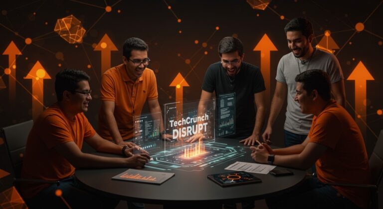 Founders hispanos colaborando en TechCrunch Disrupt 2026 con metáforas visuales de escalabilidad y conexión en evento tecnológico.