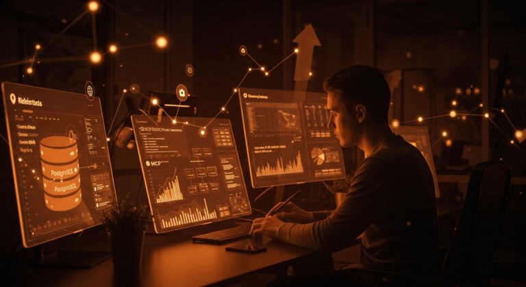 Tendencias de bases de datos 2025 con PostgreSQL y avances de MCP destacadas para startups tecnológicas en un entorno moderno y futurista.