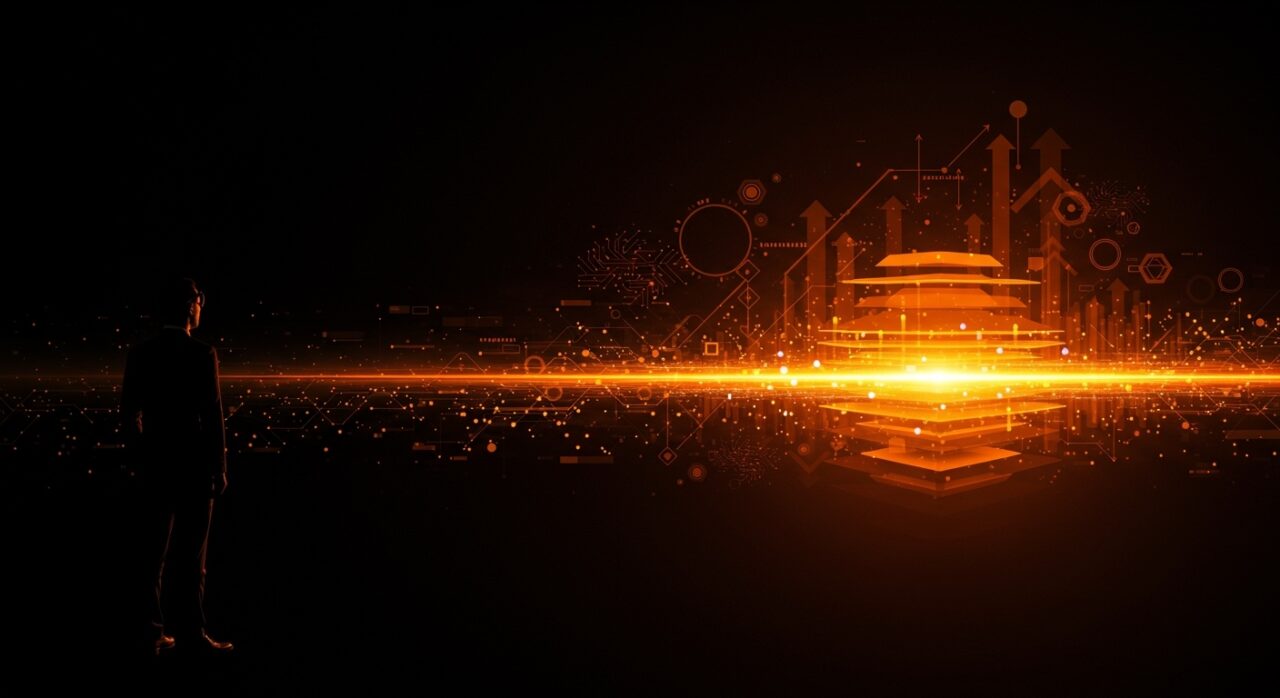 Visualización de IA empresarial con un líder observando modelos digitales y redes neuronales que representan tendencias clave y escalabilidad en inteligencia artificial para 2026.