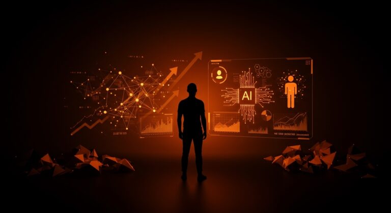 Fundador tech frente a interfaz digital avanzada con modelos de inteligencia artificial representando tendencias tecnológicas y adopción pragmática de IA en 2026.