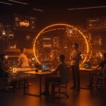 Founders de startups latinoamericanas colaborando con tecnología de inteligencia artificial, movilidad autónoma y automatización empresarial en un entorno futurista.