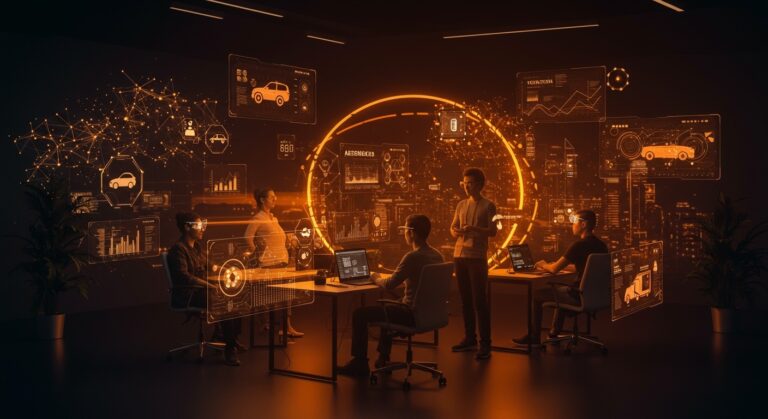 Founders de startups latinoamericanas colaborando con tecnología de inteligencia artificial, movilidad autónoma y automatización empresarial en un entorno futurista.