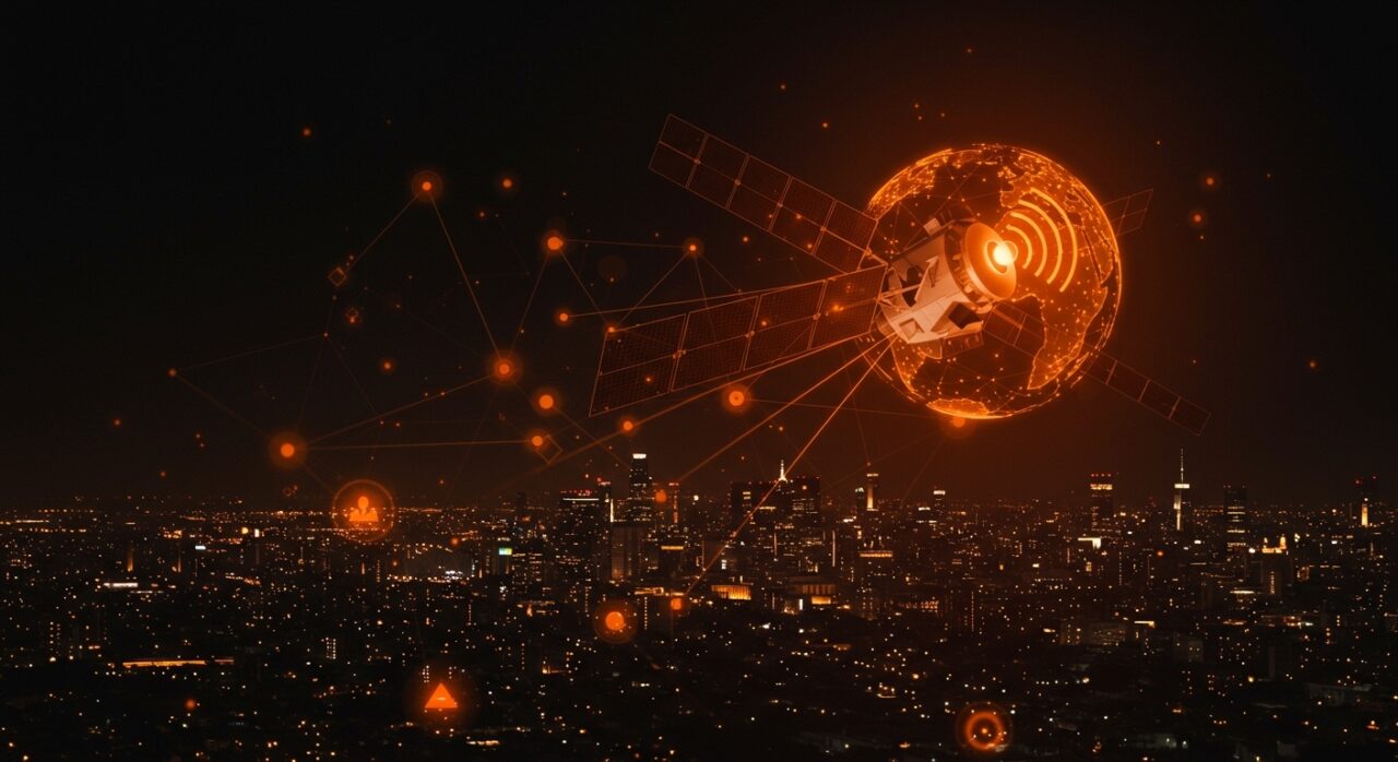 Comunicación satelital de alta velocidad desde un satélite orbitando sobre una ciudad empresarial, representando la conectividad global y la infraestructura tecnológica de TeraWave de Blue Origin.