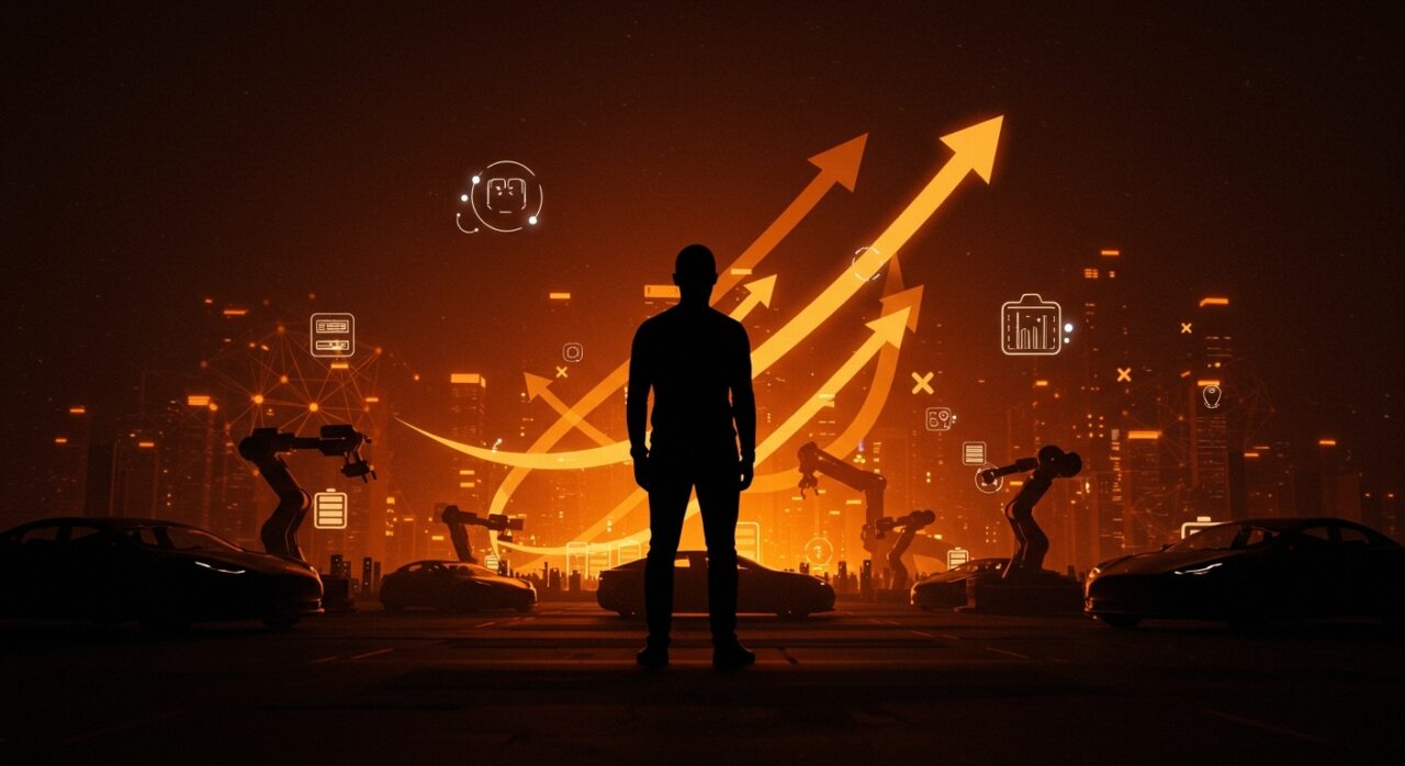 Líder tecnológico reflexionando sobre desafíos de Tesla 2026 en el mercado de vehículos eléctricos y conducción autónoma.