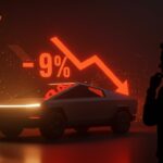 Caída del 9% en ventas de Tesla 2025 representada con Cybertruck y flecha descendente en contexto de movilidad eléctrica y competencia EV.
