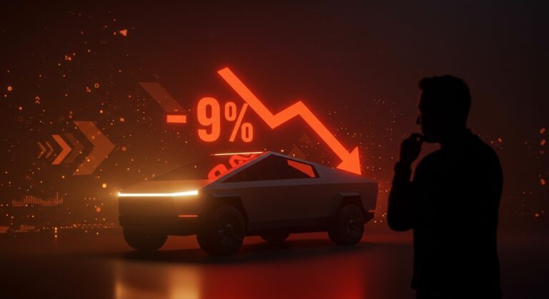 Caída del 9% en ventas de Tesla 2025 representada con Cybertruck y flecha descendente en contexto de movilidad eléctrica y competencia EV.