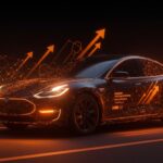 Tesla impulsando Full Self-Driving para liderar la conducción autónoma, ilustrado con un vehículo futurista en transición digital avanzada.