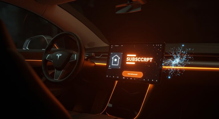 Interfaz digital en un Tesla mostrando suscripción para Full Self-Driving, destacando innovación tecnológica y retos legales en modelos de negocio.