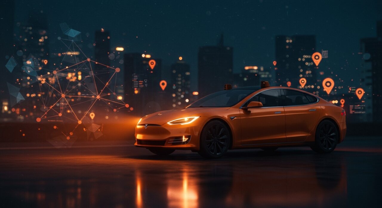 Tesla robotaxi autónomo estacionado en calle urbana futurista, ilustrando desafíos y futuro incierto de la movilidad autónoma.