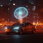 Tesla invierte 2000 millones en xAI impulsando inteligencia artificial y robotaxis autónomos en un entorno urbano futurista.