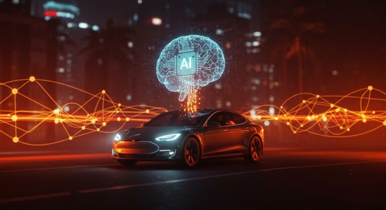 Tesla invierte 2000 millones en xAI impulsando inteligencia artificial y robotaxis autónomos en un entorno urbano futurista.