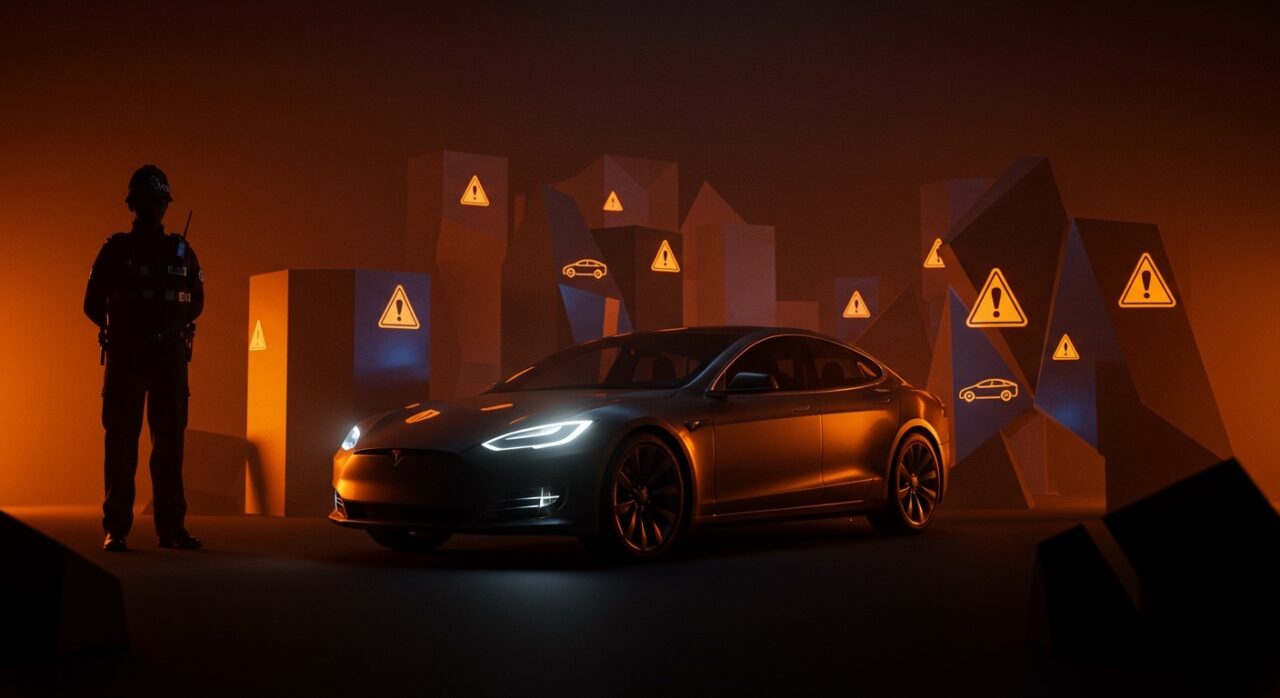 Tesla multada en Reino Unido por incumplimiento en identificación de conductores y gestión de flotas, con representación visual de riesgos legales e infracciones de tráfico.