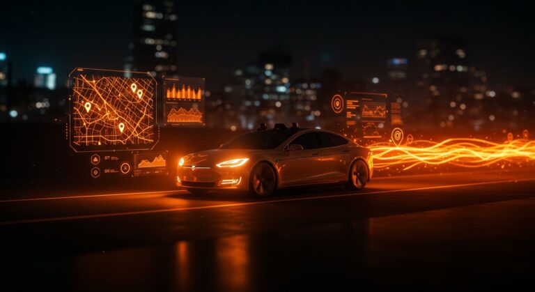 Tesla robotaxi futurista representando el futuro del transporte autónomo y la movilidad eléctrica en el mercado EV.