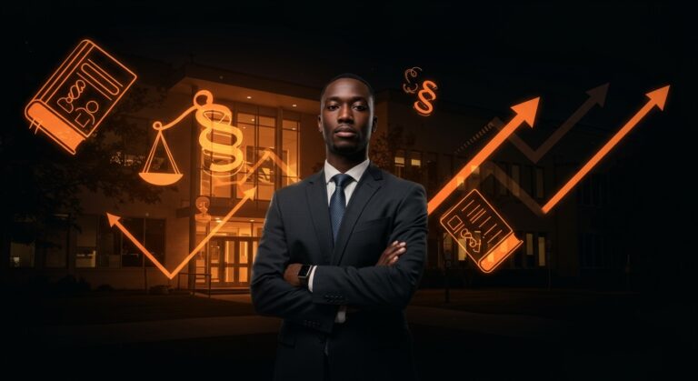 Profesional frente a facultad de derecho con simbolismo de acreditación y movilidad profesional en educación legal en Texas.