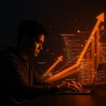 Desarrollador concentrado programando en TypeScript con metáforas visuales de crecimiento y desarrollo tecnológico en paleta naranja y negro.