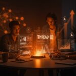 Founders colaborando en un espacio digital mostrando anuncios de Threads y estrategias de monetización en redes sociales.