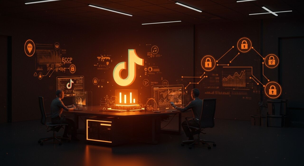 Representación visual de TikTok creando una entidad local para evitar veto en EE.UU. con elementos de regulación tecnológica y seguridad en el mercado estadounidense.