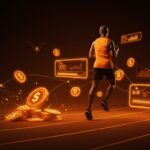 Usuario corriendo con iconografía digital que representa una app de fitness que premia el esfuerzo con recompensas económicas reales.