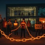 Trabajadores tecnológicos protestando frente a sede corporativa tech, exigiendo responsabilidad empresarial ante acciones de ICE y su impacto comunitario.