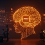 Equipo startup interactuando con una inmensa representación digital de IA abierta Trinity Large, simbolizando eficiencia y soberanía tecnológica.