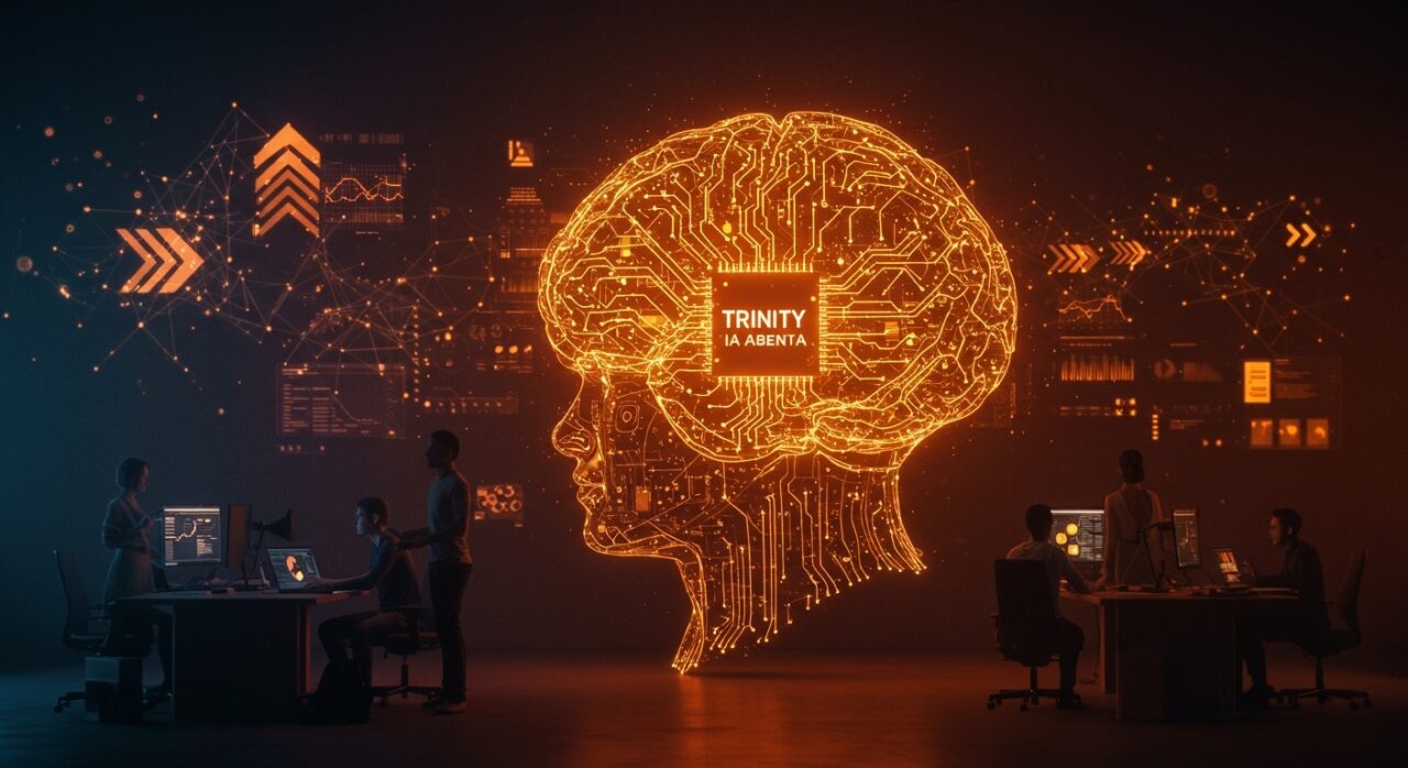 Equipo startup interactuando con una inmensa representación digital de IA abierta Trinity Large, simbolizando eficiencia y soberanía tecnológica.