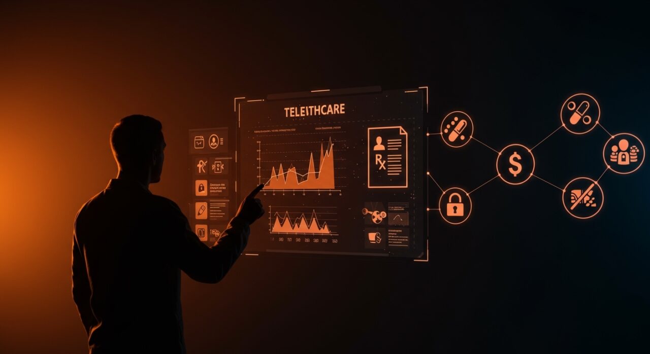Ilustración conceptual de riesgos regulatorios y telemedicina en plataformas directas de salud con énfasis en prescripción digital y ética farmacéutica.