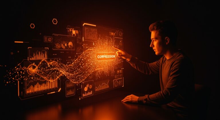 Tecnólogo fundador usando IA para compresión de texto eficiente con visualización de datos y optimización en startups.